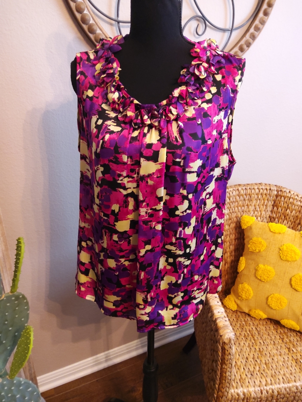 Preston & York Ruffled Scoop Neck Sleeveless Camisole - Purple & Yellow